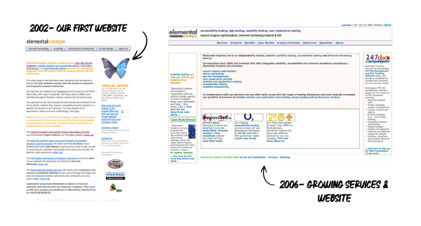 Timeline of Elemental Creative website designs from 2002 showing the evolution of web design, Information Architecture and SEO principles.